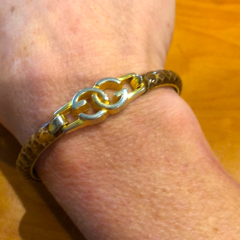 Vintage Gucci Gold GG Brown Snakeskin Bracelet - Picture 1 of 6